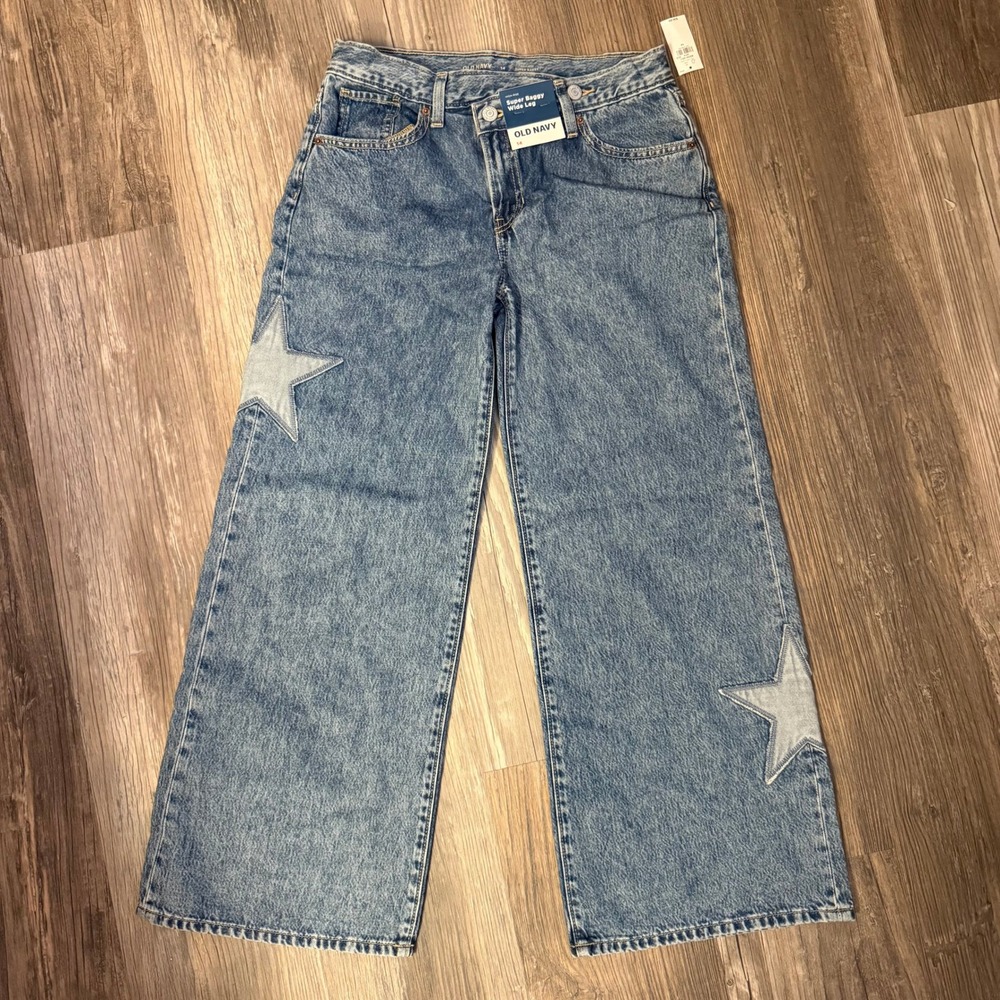 Old Navy Kids Girls 14 Super Baggy Wide Leg Star Patch High Rise Jeans Blue NWT